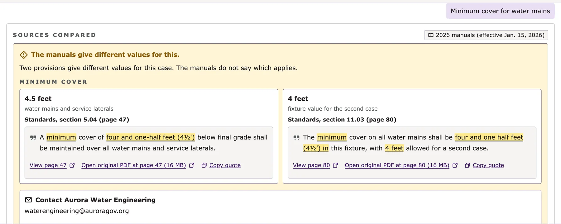 The live demo showing 'The manuals give different values for this.' Two cards compare 4.5 feet from Standards section 5.04 page 47 against 4 feet from section 11.03 page 80, each with the highlighted quoted passage and links to view the page.