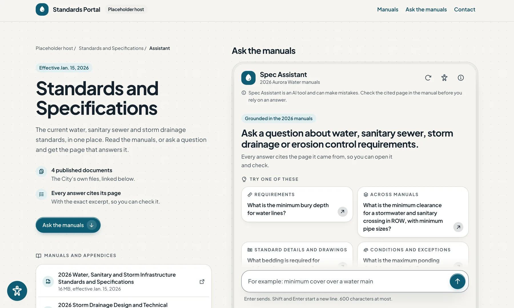The Spec Assistant chat embedded in an example agency standards page, with the document list on the left and the assistant on the right.